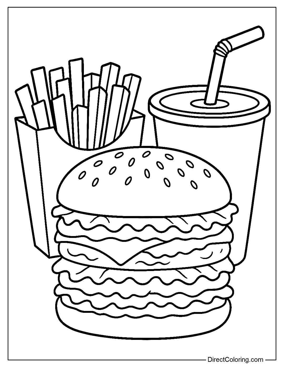 Multi-tier burger, fries and soda coloring page.